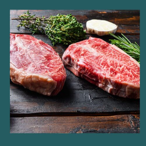 Fresh Feather Blade Steak from The Farmers Butcher, available as 8oz steaks or whole pieces for slow cooking.