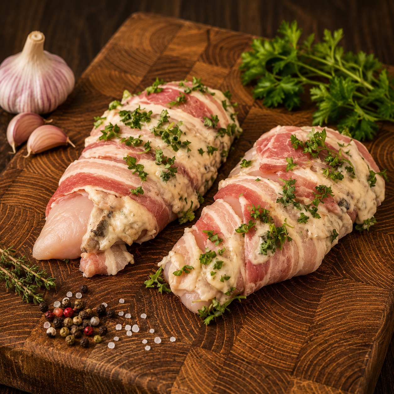 Bacon wrapped chicken cushions with creamy filling Handmade British chicken parcels Stuffed chicken wrapped in streaky bacon Gluten free chicken cushions from local butcher