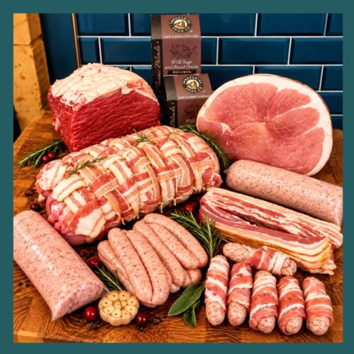 Early Bird Christmas Meat Box with turkey, beef, gammon, sausages, pigs in blankets, bacon and stuffing