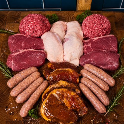 August Family BBQ Meat Box from The Farmers Butcher containing rump steaks, beef mince, minted lamb steaks, butcher's pork sausages and British chicken breast fillets.