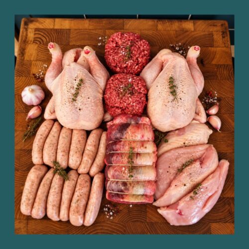 October Family Meat Box from The Farmers Butcher with beef brisket, English whole chicken, free range chicken fillets, Cumberland sausages and steak mince.