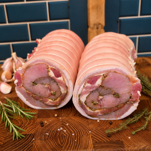 Pork porchetta stuffed with garlic & herbs
